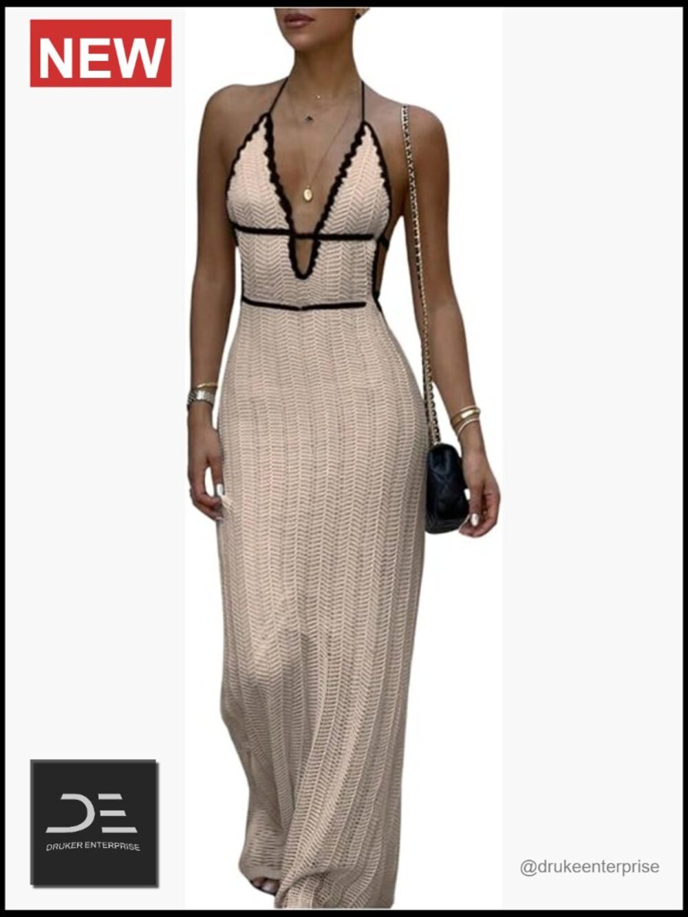 Tie Backless Maxi Halter Dress Deep V Neck Sleeveless Knit